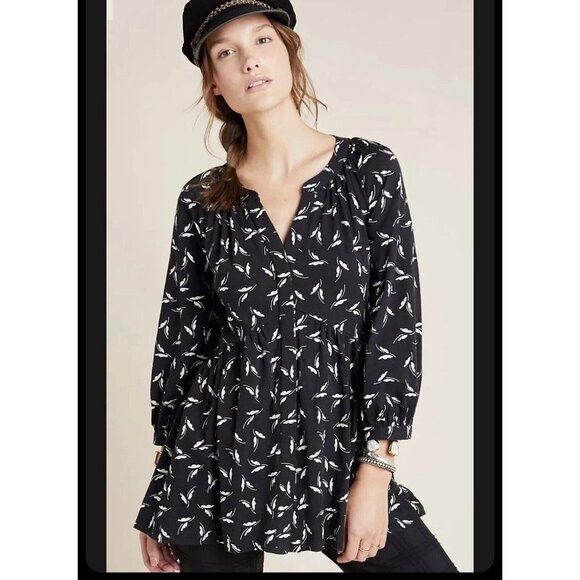 Anthropologie Tops - Anthropologie Maeve Winona Babydoll Tunic Top Black White Cotton 3/4 Sleeve Sz S